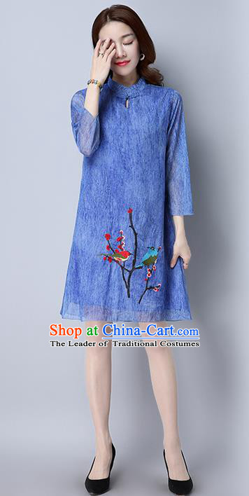 Traditional Ancient Chinese National Costume, Elegant Hanfu Mandarin Qipao Printing Blue Dress, China Tang Suit Cheongsam Upper Outer Garment Elegant Dress Clothing for Women
