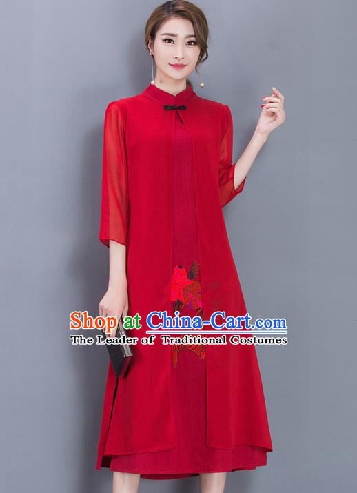 Traditional Ancient Chinese National Costume, Elegant Hanfu Pattern Mandarin Qipao Printing Red Dress, China Tang Suit Cheongsam Upper Outer Garment Elegant Dress Clothing for Women