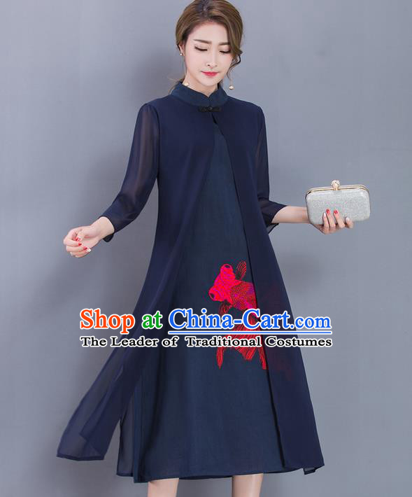 Traditional Ancient Chinese National Costume, Elegant Hanfu Pattern Mandarin Qipao Printing Navy Dress, China Tang Suit Cheongsam Upper Outer Garment Elegant Dress Clothing for Women