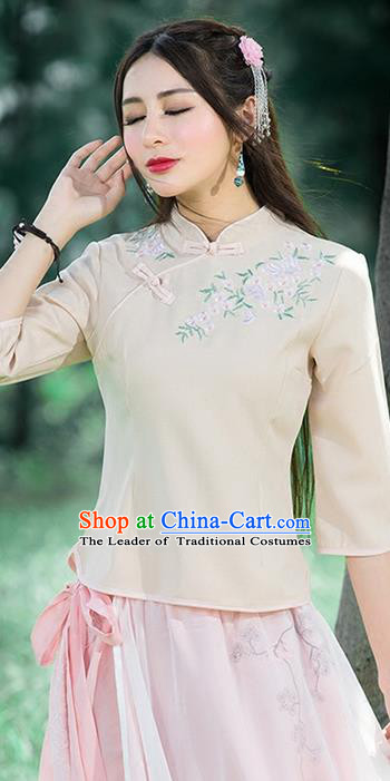 Traditional Chinese National Costume, Elegant Hanfu Embroidery Flowers Slant Opening Apricot Blouses, China Tang Suit Republic of China Plated Buttons Chirpaur Blouse Cheong-sam Upper Outer Garment Qipao Shirts Clothing for Women
