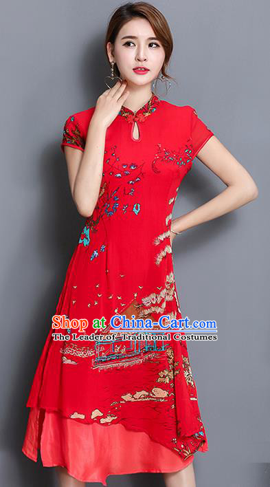 Traditional Ancient Chinese National Costume, Elegant Hanfu Mandarin Qipao Printing Red Dress, China Tang Suit Chirpaur Republic of China Cheongsam Upper Outer Garment Elegant Dress Clothing for Women
