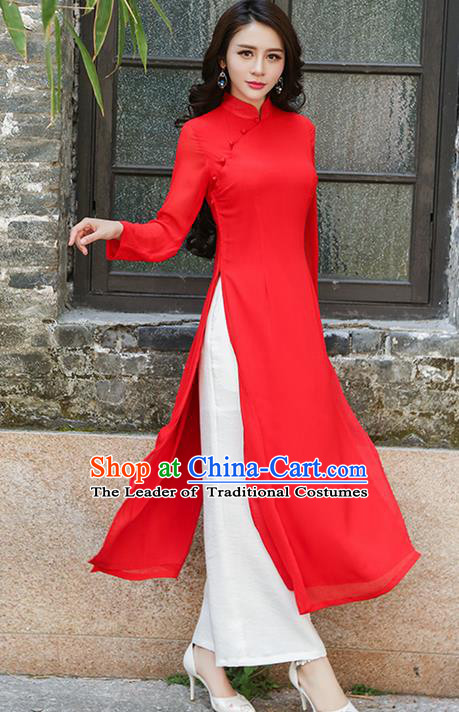 Traditional Ancient Chinese National Costume, Elegant Hanfu Mandarin Qipao Red Ao Dai High Split Cheongsam Dress, China Tang Suit Upper Outer Garment Elegant Dress Clothing for Women