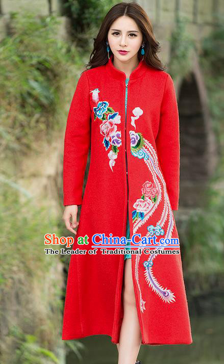 Traditional Ancient Chinese National Costume, Elegant Hanfu Stand Collar Embroidered Red Coat Robes, China Tang Suit Plated Buttons Cape, Upper Outer Garment Dust Coat Clothing for Women