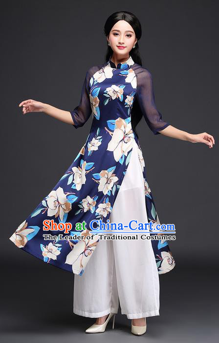 Traditional Ancient Chinese National Costume, Elegant Hanfu Mandarin Qipao Printing Blue Ao Dai Dress, China Tang Suit Chirpaur Republic of China Cheongsam Upper Outer Garment Elegant Dress Clothing for Women