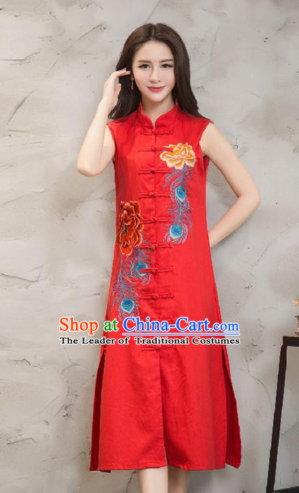 Traditional Ancient Chinese National Costume, Elegant Hanfu Mandarin Qipao Embroidered Front Opening Red Dress, China Tang Suit Plated Buttons Chirpaur Republic of China Cheongsam Upper Outer Garment Elegant Dress Clothing for Women