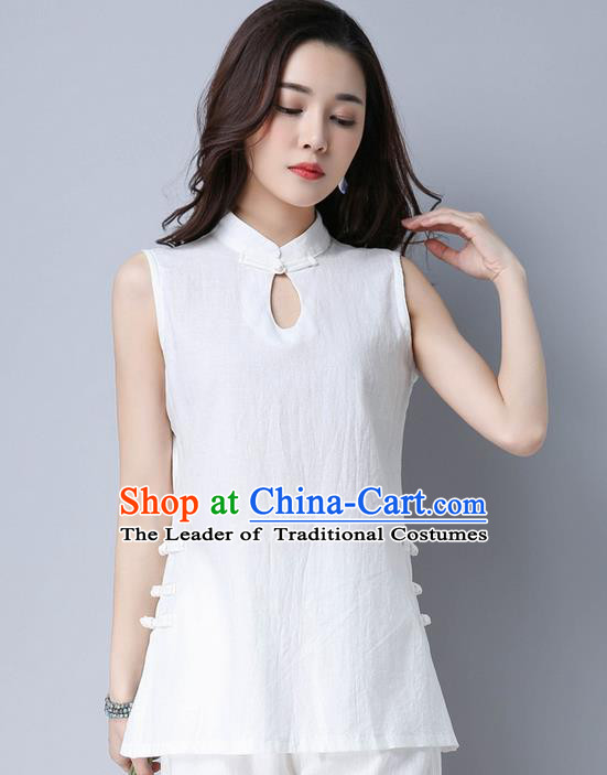 Traditional Chinese National Costume, Elegant Hanfu Linen White Vests, China Tang Suit Cheongsam Upper Outer Garment Elegant Waistcoat Clothing for Women
