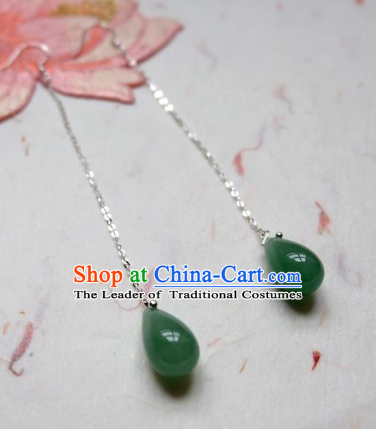 Traditional Handmade Chinese Ancient Classical Accessories, Chinese Eardrop Long Tassel Green Jade Jewellery Earrings Hanfu Earbob for Women
