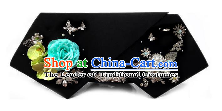 Traditional Ancient Chinese Hair Jewellery Accessories, Chinese Qing Dynasty Manchu Palace Lady Headwear Zhen Huan Big La fin Blue Flowers Headpiece, Chinese Mandarin Imperial Concubine Flag Head Hat Decoration Accessories for Women