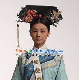 Traditional Ancient Chinese Imperial Consort Hair Jewellery Accessories, Chinese Qing Dynasty Manchu Palace Lady Headwear Zhen Huan Big La fin Headpiece, Chinese Mandarin Imperial Concubine Flag Head Hat Decoration Accessories for Women