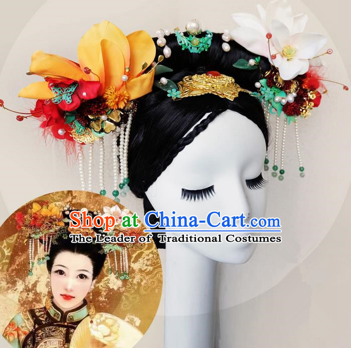 Traditional Ancient Chinese Hair Jewellery Accessories, Chinese Qing Dynasty Manchu Palace Lady Headwear and Wigs Zhen Huan Big La fin Headpiece, Chinese Mandarin Imperial Concubine Flag Head Hat Decoration Accessories for Women