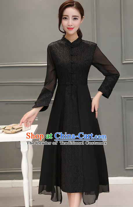 Traditional Ancient Chinese National Costume, Elegant Hanfu Embroidered Silk Front Opening Black Dress, China Tang Suit Stand Collar Cheongsam Garment Elegant Dress Clothing for Women