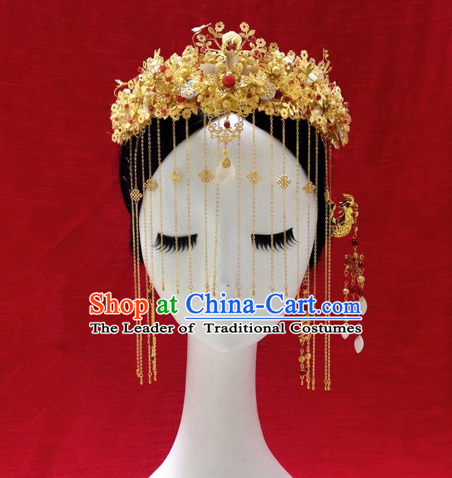 Traditional Handmade Chinese Ancient Classical Hair Accessories Bride Wedding Barrettes Phoenix Coronet Complete Set, Xiuhe Suit Hair Sticks Hair Jewellery, Hair Fascinators Hairpins for Women