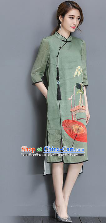 Traditional Ancient Chinese National Costume, Elegant Hanfu Mandarin Qipao Printing Stand Collar Green Dress, China Tang Suit Cheongsam Upper Outer Garment Elegant Dress Clothing for Women