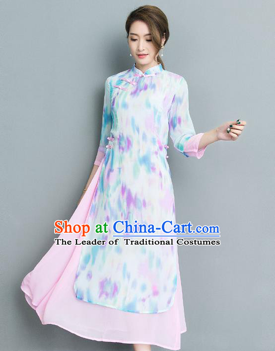 Traditional Ancient Chinese National Costume, Elegant Hanfu Mandarin Qipao Printing Stand Collar Big Swing White Dress, China Tang Suit Cheongsam Upper Outer Garment Elegant Dress Clothing for Women