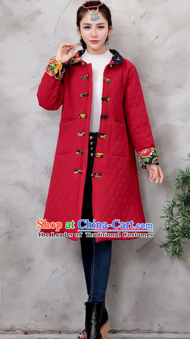 Traditional Ancient Chinese National Costume, Elegant Hanfu Turn-down Collar Red Cotton Wadded Coat, China Tang Suit Plated Buttons Cape, Upper Outer Garment Dust Coat Clothing for Women
