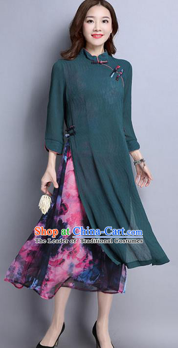 Traditional Chinese National Costume, Elegant Hanfu Mandarin Qipao Printing Slant Opening Green Dress, China Tang Suit Plated Buttons Cheongsam Upper Outer Garment Elegant Dress Clothing for Women