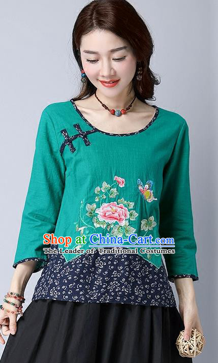 Traditional Chinese National Costume, Elegant Hanfu Embroidery Flowers Round Collar Green T-Shirt, China Tang Suit Plated Buttons Chirpaur Blouse Cheong-sam Upper Outer Garment Qipao Shirts Clothing for Women