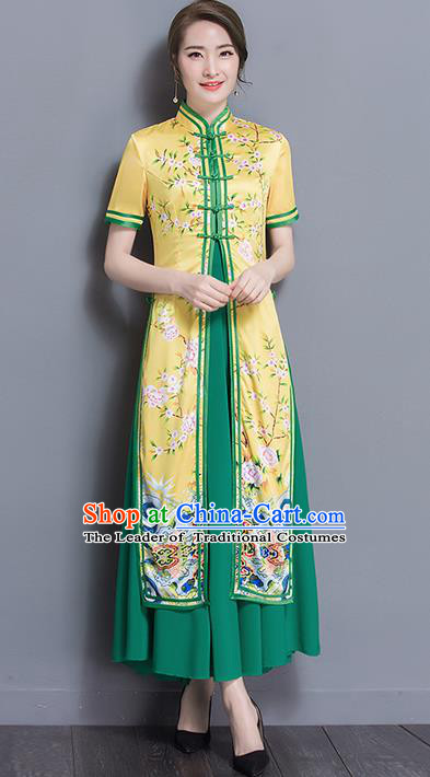 Traditional Ancient Chinese National Costume, Elegant Hanfu Silk Qipao Printing Stand Collar Two Piece Ao Dai Dress, China Tang Suit Cheongsam Garment Elegant Dress Clothing for Women
