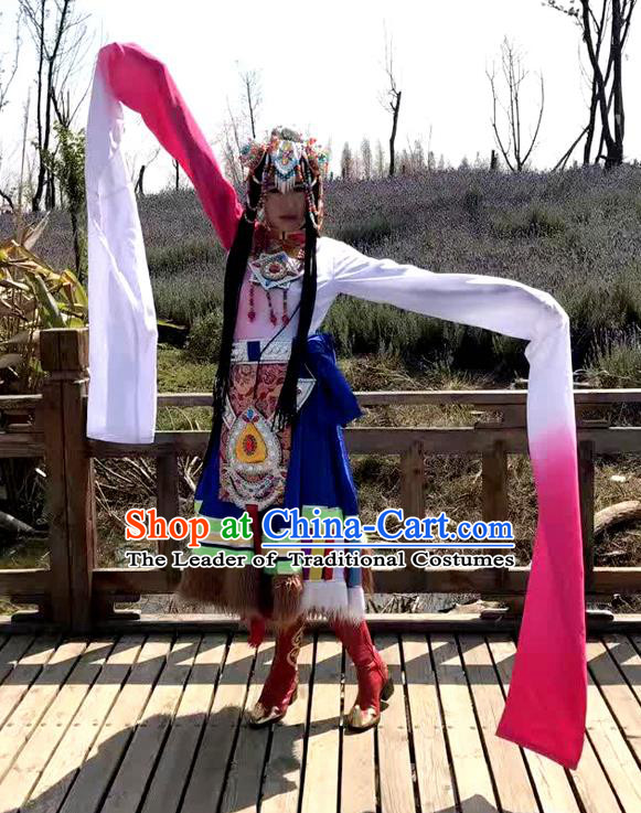 Traditional Chinese Zang Nationality Dancing Costume, Tibetan Female Folk Dance Ethnic Water Sleeve Pleated Skirt, Chinese Tibetan Minority Nationality Embroidery Costume for Women