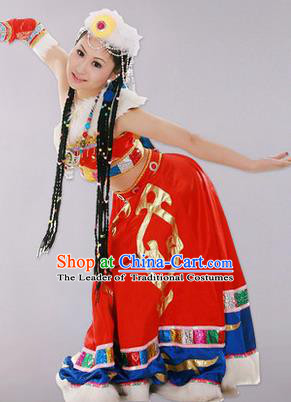 Traditional Chinese Zang Nationality Dancing Costume, Tibetan Female Folk Dance Ethnic Skirt, Chinese Tibetan Minority Nationality Embroidery Costume for Women