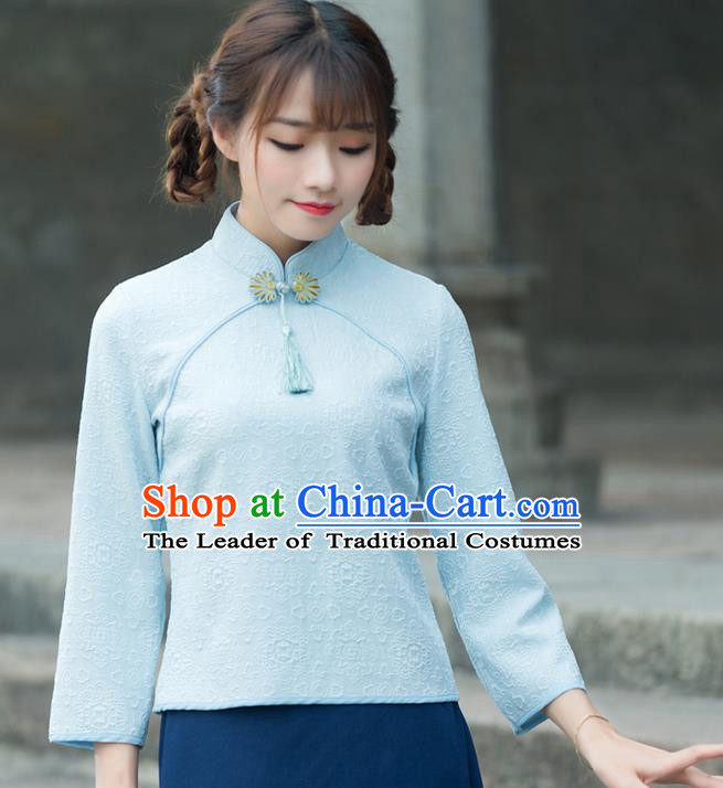 Traditional Chinese National Costume, Elegant Hanfu Jacquard Weave Blue T-Shirt, China Tang Suit Republic of China Plated Buttons Chirpaur Blouse Cheong-sam Upper Outer Garment Qipao Shirts Clothing for Women