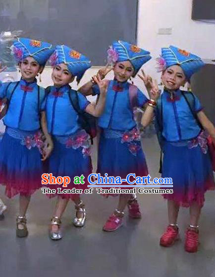 Traditional Chinese Zhuang Nationality Dancing Costume, Children Folk Dance Ethnic Pleated Skirt, Chinese Minority Nationality Embroidery Costume for Kids