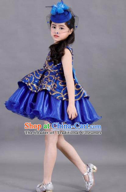 Traditional Chinese Modern Dancing Compere Costume, Children Opening Classic Chorus Singing Group Dance Paillette Uniforms, Modern Dance Classic Dance Blue Bubble Dress for Girls Kids