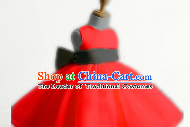 Traditional Chinese Modern Dancing Performance Costume, Children Opening Classic Chorus Singing Group Dance Evening Dress, Modern Dance Classic Dance Bubble Princess Red Dress for Girls Kids