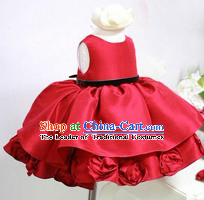Traditional Chinese Modern Dancing Compere Performance Costume, Children Opening Classic Chorus Singing Group Dance Satin Dinner Dress, Modern Dance Classic Dance Red Bubble Dress for Girls Kids