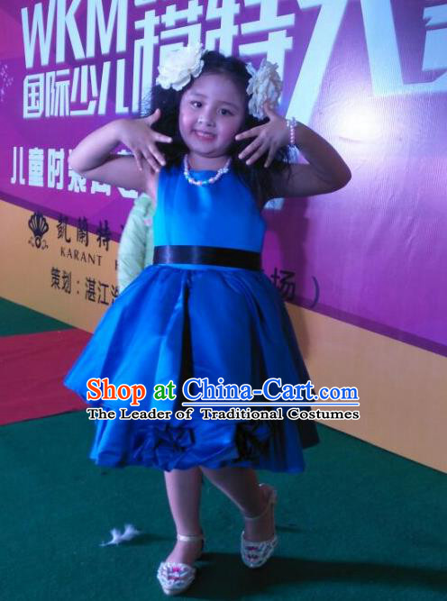 Traditional Chinese Modern Dancing Compere Performance Costume, Children Opening Classic Chorus Singing Group Dance Satin Dinner Dress, Modern Dance Classic Dance Blue Bubble Dress for Girls Kids
