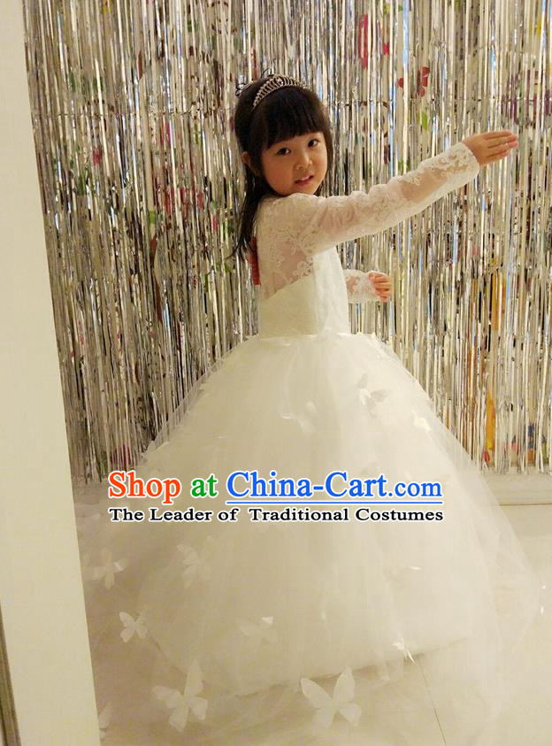 Traditional Chinese Modern Dancing Compere Performance Costume, Children Opening Classic Chorus Singing Group Dance Veil Evening Dress, Modern Dance Classic Dance White Trailing Dress for Girls Kids
