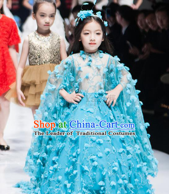 Traditional Chinese Modern Dancing Compere Performance Costume, Children Opening Classic Chorus Singing Group Dance Princess Blue Long Bubble Full Dress, Modern Dance Halloween Party Dress for Girls Kids