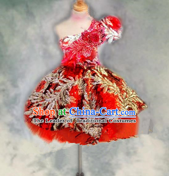 Traditional Chinese Modern Dancing Compere Performance Costume, Children Opening Classic Chorus Singing Group Dance Princess One-shoulder Red Bubble Full Dress, Modern Dance Halloween Party Dress for Girls Kids