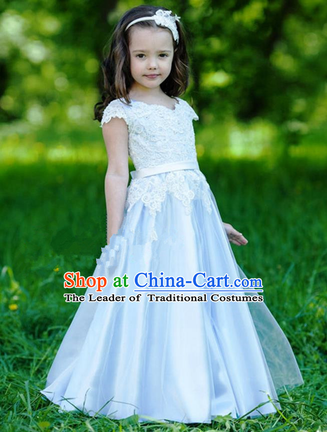 Traditional Chinese Modern Dancing Compere Performance Costume, Children Opening Classic Chorus Singing Group Dance Princess Blue Long Full Dress, Modern Dance Halloween Party Dress for Girls Kids