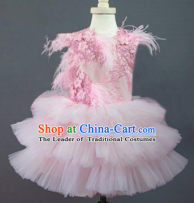 Traditional Chinese Modern Dancing Compere Performance Costume, Children Opening Classic Chorus Singing Group Dance Princess Lace Pink Full Dress, Modern Dance Halloween Party Ballet Dance Dress for Girls Kids