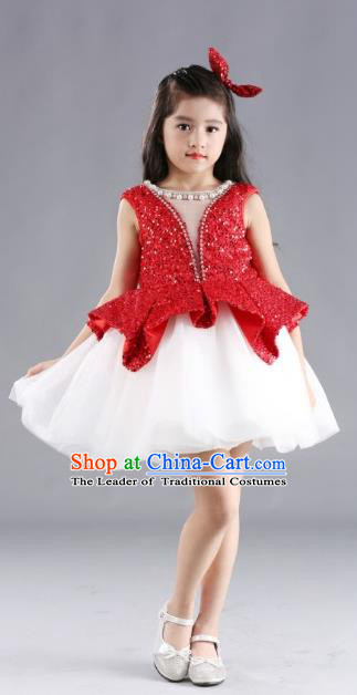 Traditional Chinese Modern Dancing Compere Costume, Children Opening Classic Chorus Singing Group Dance Red Paillette Full Dress, Modern Dance Classic Dance Bubble Dress for Girls Kids