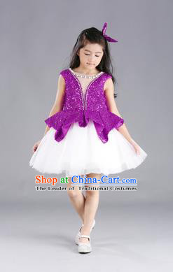 Traditional Chinese Modern Dancing Compere Costume, Children Opening Classic Chorus Singing Group Dance Purple Paillette Full Dress, Modern Dance Classic Dance Bubble Dress for Girls Kids