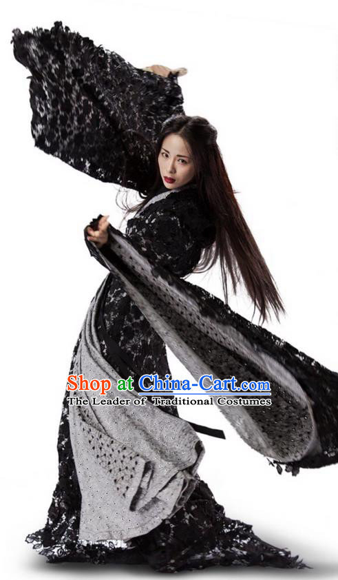 Traditional Ancient Chinese Elegant Female Swordsman Costume, Chinese Ancient Swordswoman Black Robe Dress, Cosplay Chinese Emprise Film Sword Master Chivalrous Expert Chinese Ming Dynasty Kawaler Hanfu Clothing for Women