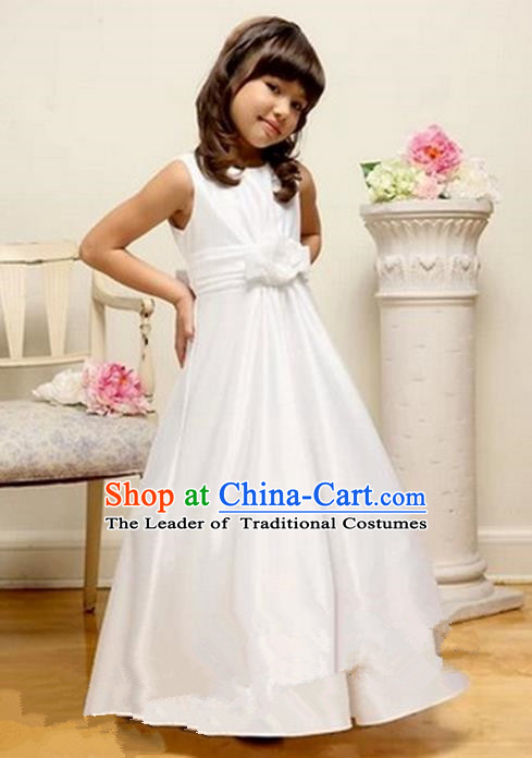 Top Grade Chinese Compere Performance Costume, Children Chorus Singing Group Baby Princess White Full Dress Modern Dance Veil Bubble Cocktail Dress for Girls Kids