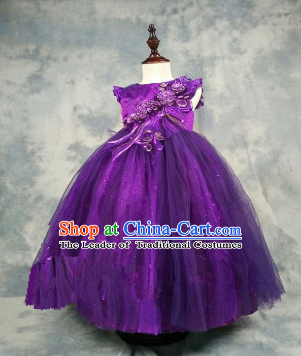 Top Grade Chinese Compere Piano Performance Costume, Children Chorus Singing Group Baby Princess Purple Full Dress Modern Dance Veil Bubble Long Dress for Girls Kids