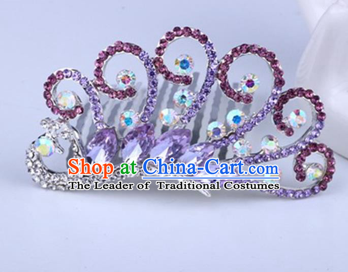 Top Grade Handmade Classical Peacock Hair Accessories, Children Baroque Style Crystal Rhinestone Princess Purple Royal Crown Hair Jewellery Hair Clasp for Kids Girls