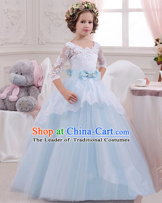 Top Grade Chinese Compere Performance Catwalks Costume, Children Chorus Singing Group Baby Princess Blue Lace Full Dress Modern Dance Bubble Long Dress for Girls Kids