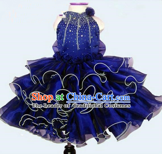 Top Grade Professional Compere Performance Catwalks Costume, Children Chorus Singing Group Little Princess Crystal Full Dress Modern Dance Blue Bubble Dress for Girls Kids