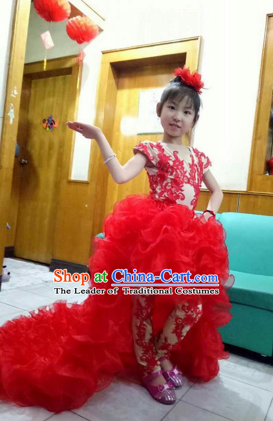 Top Grade Chinese Compere Professional Performance Catwalks Costume, Children Chorus Singing Group Red Bubble Full Dress Modern Dance Little Princess Long Trailing Dress for Girls Kids
