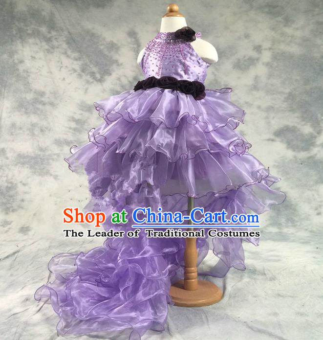 Top Grade Chinese Compere Professional Performance Catwalks Costume, Children Chorus Singing Group Purple Bubble Wedding Full Dress Modern Dance Little Princess Long Trailing Dress for Girls Kids