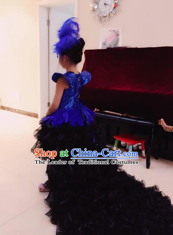 Top Grade Chinese Compere Professional Performance Catwalks Costume, Children Chorus Peacock Feather Formal Dress Modern Dance Little Princess Long Trailing Dress for Girls Kids