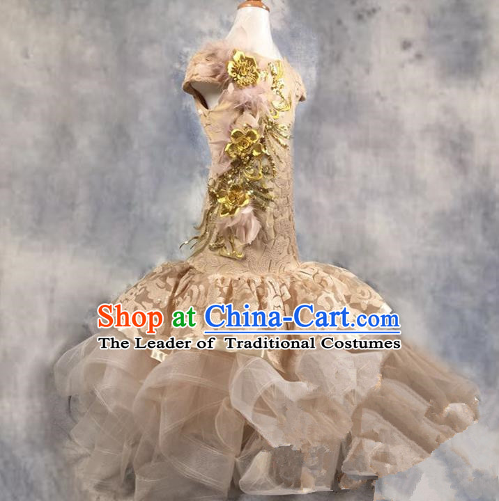 Top Grade Chinese Compere Professional Performance Chinese Style Catwalks Costume, Children Chorus Fishtail Paillette Bubble Cheongsam Formal Dress Modern Dance Baby Princess Veil Long Trailing Dress for Girls Kids