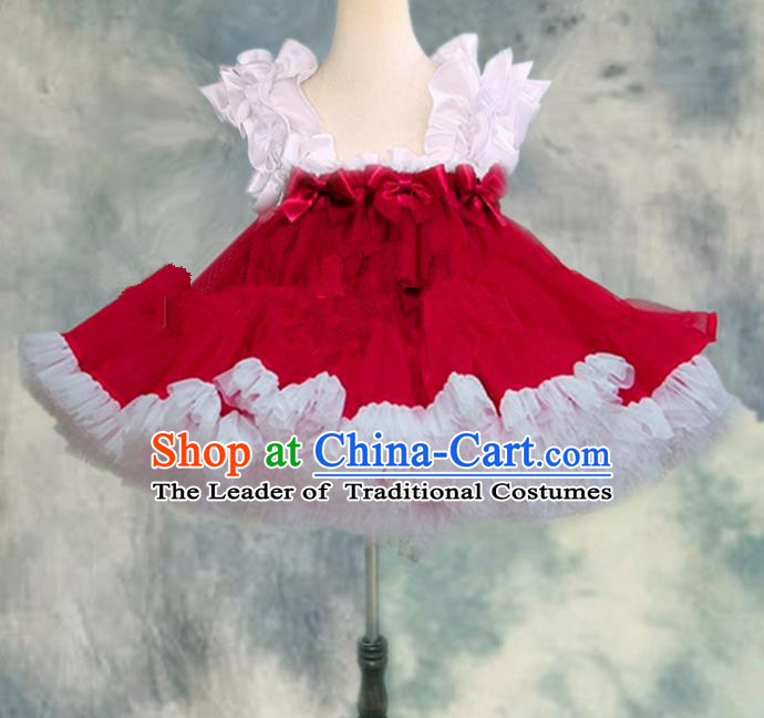 Top Grade Chinese Compere Professional Performance Catwalks Costume, Children Chorus White and Red Bubble Formal Dress Modern Dance Baby Princess Veil Short Dress for Girls Kids
