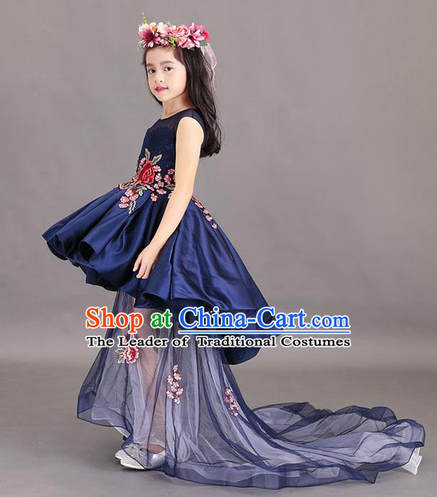 Top Grade Chinese Compere Professional Performance China Style Catwalks Costume, Children Chorus Embroidery Peony Wedding Formal Dress Modern Dance Baby Princess Long Trailing Dress for Girls Kids