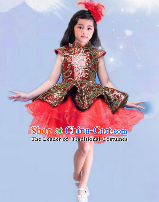 Top Grade Chinese Compere Professional Performance China Style Catwalks Costume, Children Chorus Luxury Red Wedding Bubble Formal Dress Modern Dance Baby Princess Bubble Short Dress for Girls Kids